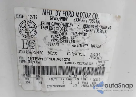 2013 Ford F-150 Lariat из США, поврежденный, VIN 1FTFW1EF1DFA81279